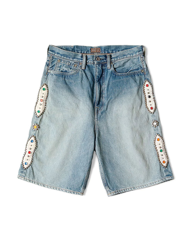 In-Stock Non-Kapital Hirata Kazuhiro 22Ss New Vintage Studded Colorful Rhinestone Denim Gem Shorts