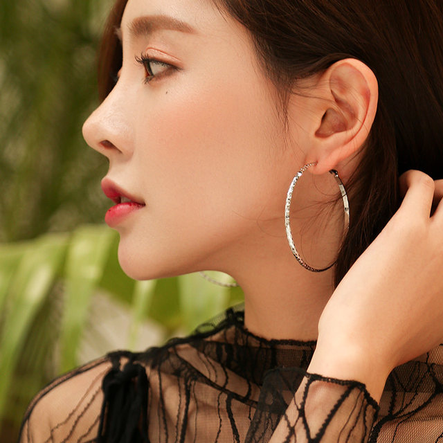 S925 silver needle hoop earrings for women, simple temperament, Japanese and Korean internet celebrity bouncy earrings, trendy hiphop big earrings