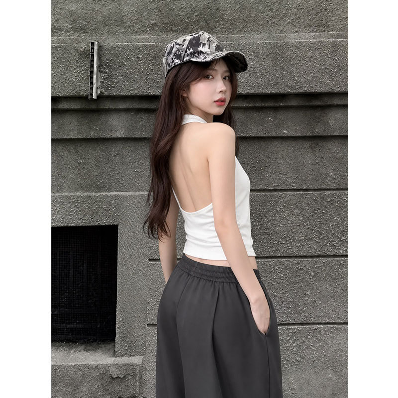 White U-Neck Halter Top with Open Back, Summer Loose-Fitting Tank Top for Women, Casual and Relaxed Style