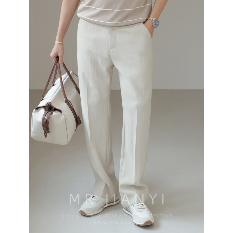 Mr Jianyi Summer Rhino Pleated Memory Drawstring Mid-Straight Long Pants with a Sense of Luxury and Draping Effect, Business Casual Pants for Men