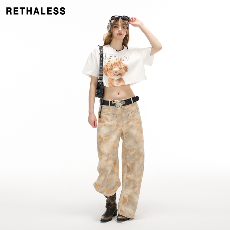 Rethaless Summer Short Cropped Waist-Revealing Puppy Print Short-Sleeve T-Shirt for Women, Slimming and Trendy Design Top