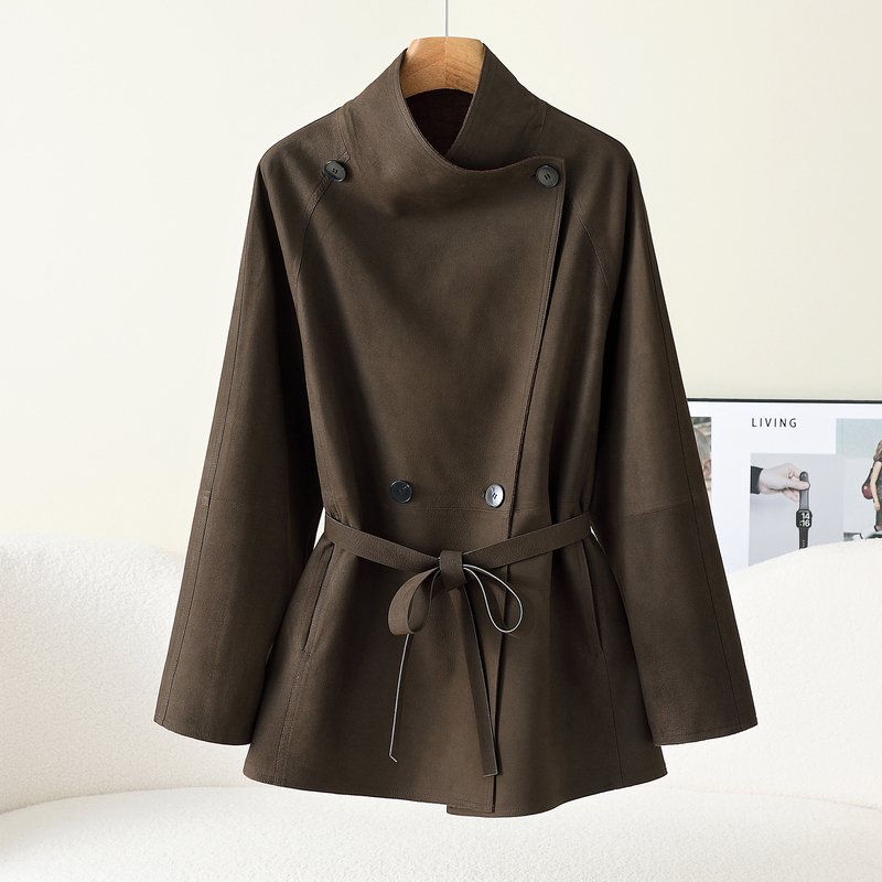Goatskin Suede Deer-Pattern Genuine Leather Coat for Women, 2026 New Model, High-End Mid-Length Leather Trench Coat for Women
