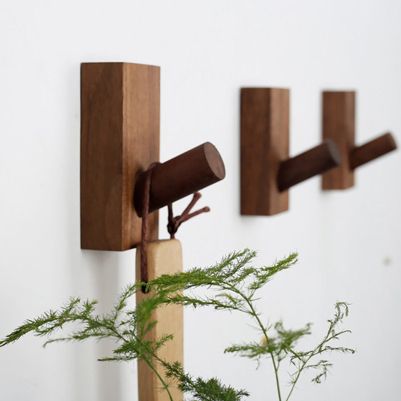 Solid wood hook door porch wall free punching sticky hook fitting room wall hanging coat rack wooden creative coat hook