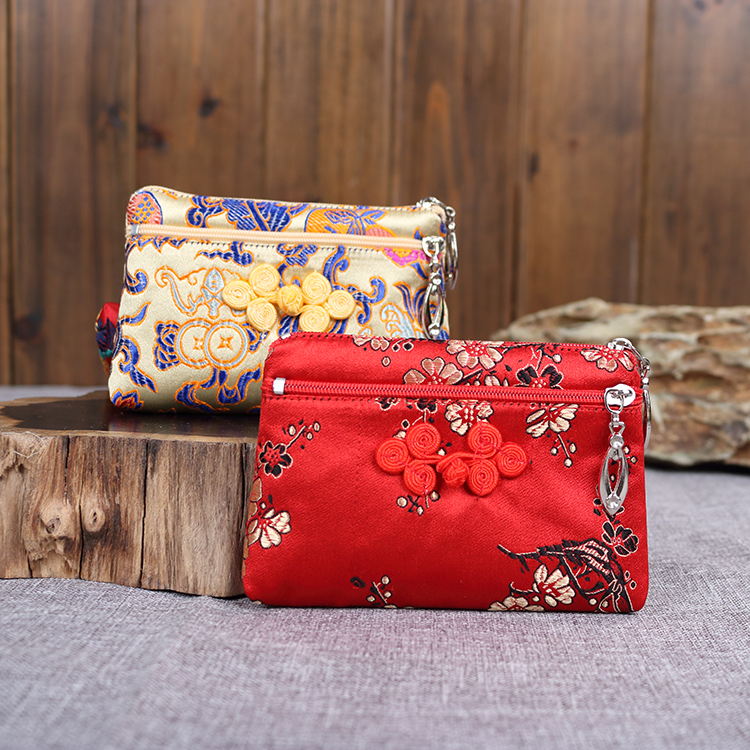 Silk National-Style Brocade Coin Purse with Double Zipper, Chinese-Style Gift for Foreigners When Traveling Abroad