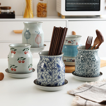 Nine Summer Ceramic Chopstick Silo Day Style High-end Home Leash Chopstick Cage Home Kitchen Large Number Chopstick Spoon Cutlery Cutlery