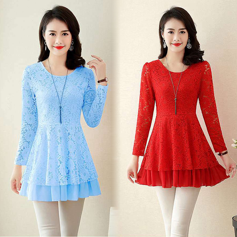 Long-Sleeved Lace Blouse for Women, Plus Size, Waist-Cinching, Skirt-Style Top, Stylish, Mid-Length, Versatile, Tummy-Covering, Outerwear, Base Layer, Small Shirt