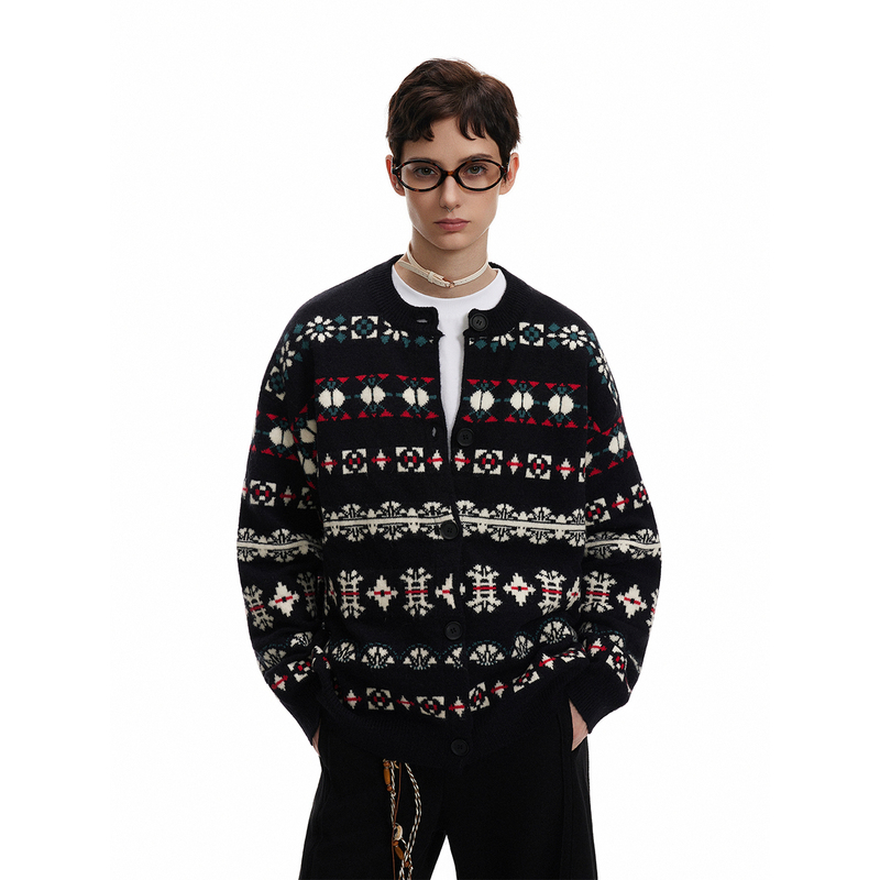 Fair Isle Round Neck Knitted Cardigan Jacket for Men and Women, Loose and Lazy Style, Winter Retro Jacquard Sweater, Christmas Outfit