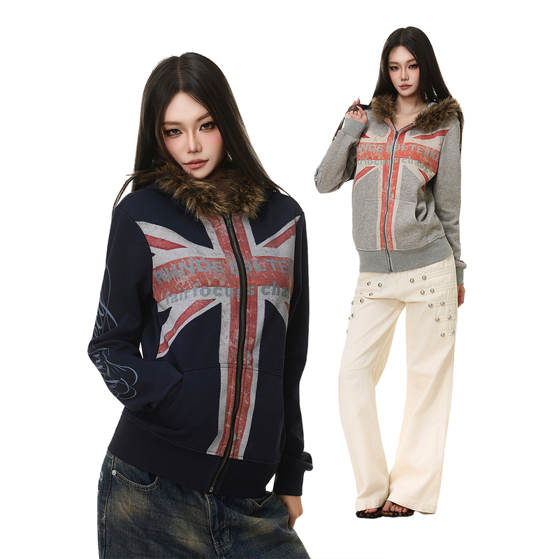 American Retro Distressed Flag Print Hooded Fur Collar Sweatshirt Autumn and Winter Casual Lazy Style Versatile Zipper Jacket American Retro Distressed Flag Print Hooded Fur Collar Sweatshirt Autumn and Winter Casual Lazy Style Versatile Zipper Jacket