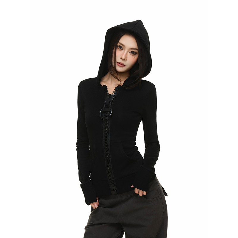 American Retro Millennium Style Large Zipper Design Hooded Sweatshirt Cardigan Slim Fit Slimming Y2K Fashionable Jacket