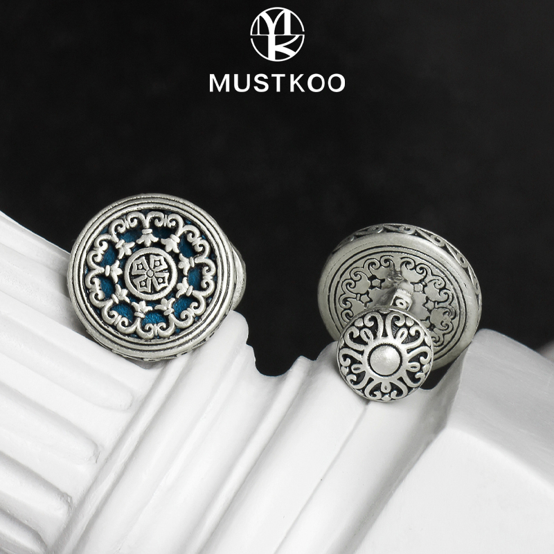 Masidu Original European-Style Antique Silver Baroque Retro Hollow Hand-Carved French Cufflinks for Men with Enamel Coloring
