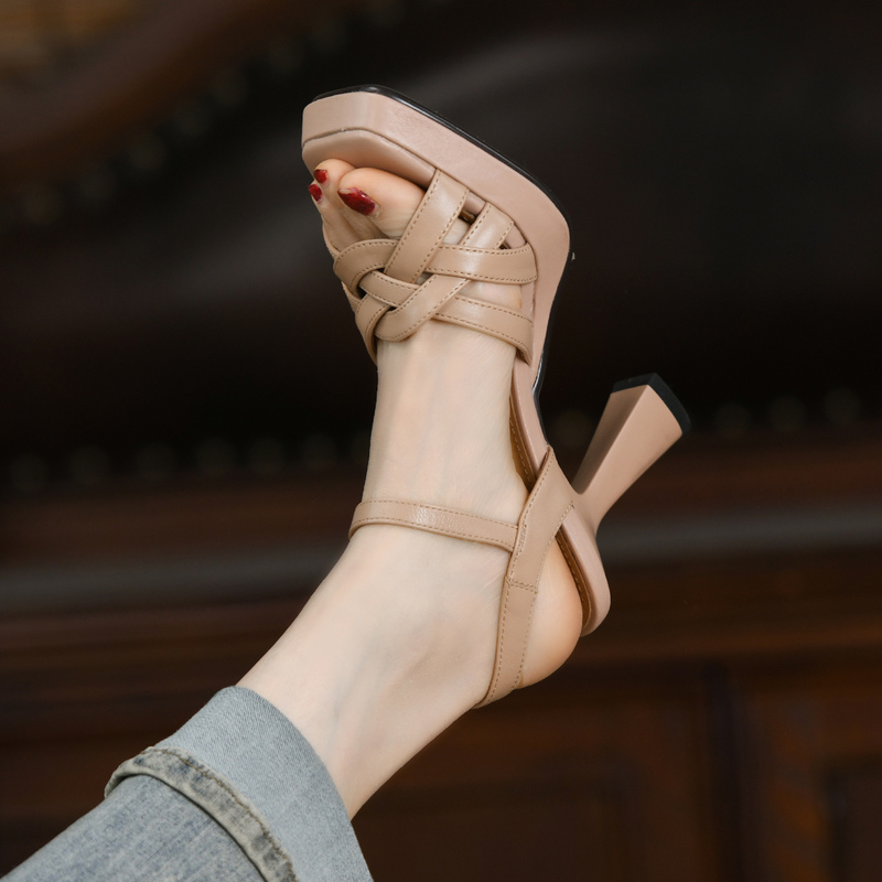 2026 Summer New Style Sheepskin Ultra-High Heel Chunky Heel Leather Strap Woven Hollow-Out One-Strap Buckle Open-Toe Sandals for Women