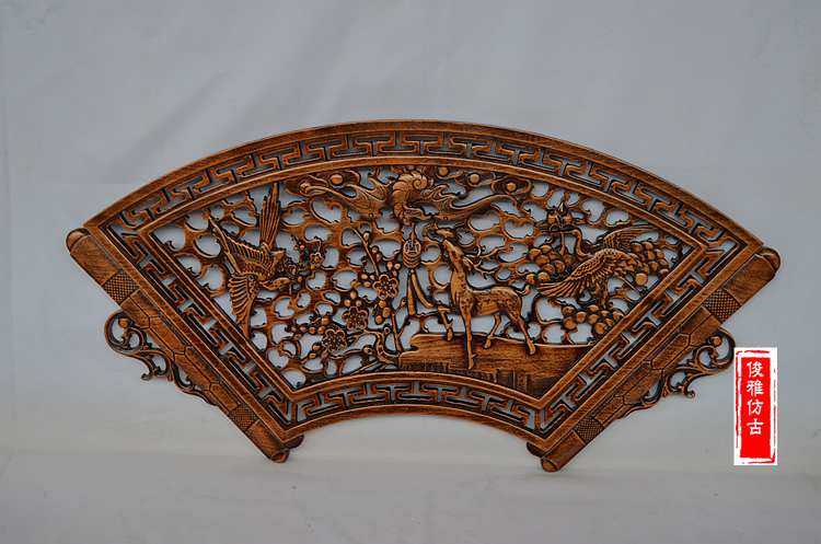 East Yang Wood Carving Pendant Engraved sector wall-mounted living room Xuanguan antique solid wood ancient wind Chinese style Phoenix Kirin hanging screen-Taobao