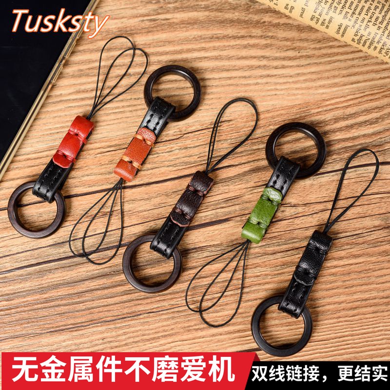 Tusksty Handmade Original Sandalwood Cell Phone Ring Buckle Button Fall Resistant Bovine Leather Buckle Ring Carrying Disk Lanyard