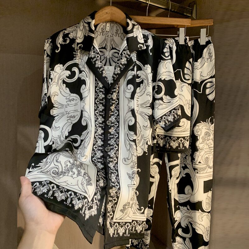 Men's Silk Pajamas Summer Three-Piece Set Thin High-End European and American Style Summer Mulberry Silk Pajamas Men's Home Wear