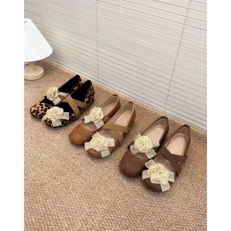 Sheepskin Version~Retro Style with Floral Design, Gentle Ballet Style, Leopard Print Flat Shoes, Women's Mary Jane Shoes with Hidden Height Increase