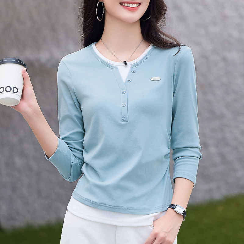 Round Neck Long-Sleeved T-Shirt for Women, 2026 Spring New Style, Buttoned, Regular Shoulder, Ruched Waist, Faux Two-Piece Top, Base Shirt