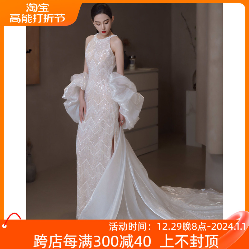 Sequin Reworked Light Wedding Dress Bridal Style High-end Fish Tailoring Body Dress Temperament Light Lavish Hanging neck Nightgown Gown-Taobao