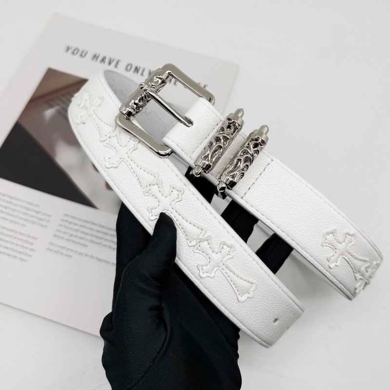 Ch Crochet Pin Buckle White Leather Belt for Men and Women, Roller Hollow Vine Pattern Women's Belt, Celebrity Style Retro