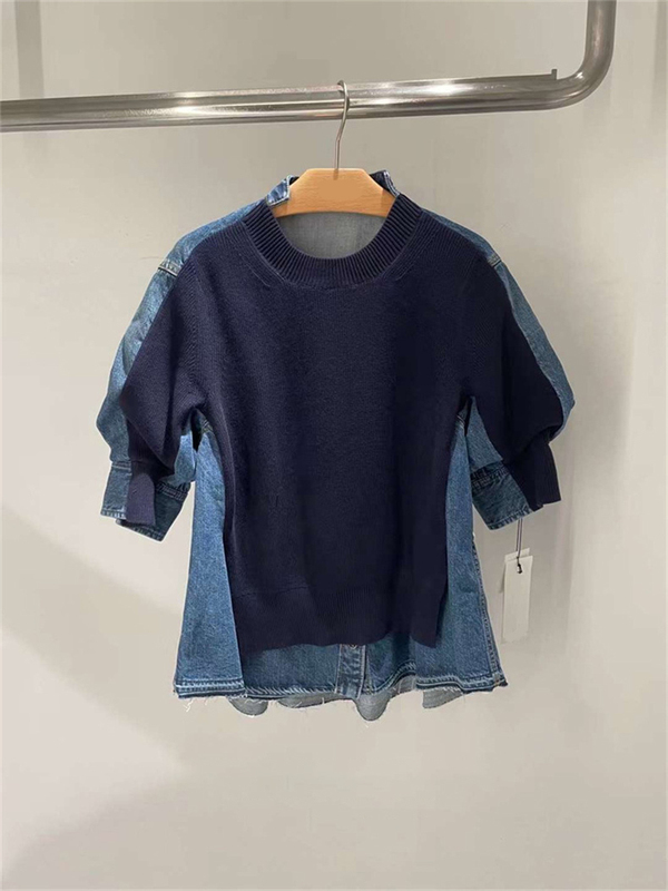 Fog Sacai Short-Sleeved Knitwear 2026 Spring and Summer New Fashion Denim Splicing Pullover Versatile Sweater Top Fog Sacai Short-Sleeved Knitwear 2026 Spring and Summer New Fashion Denim Splicing Pullover Versatile Sweater Top