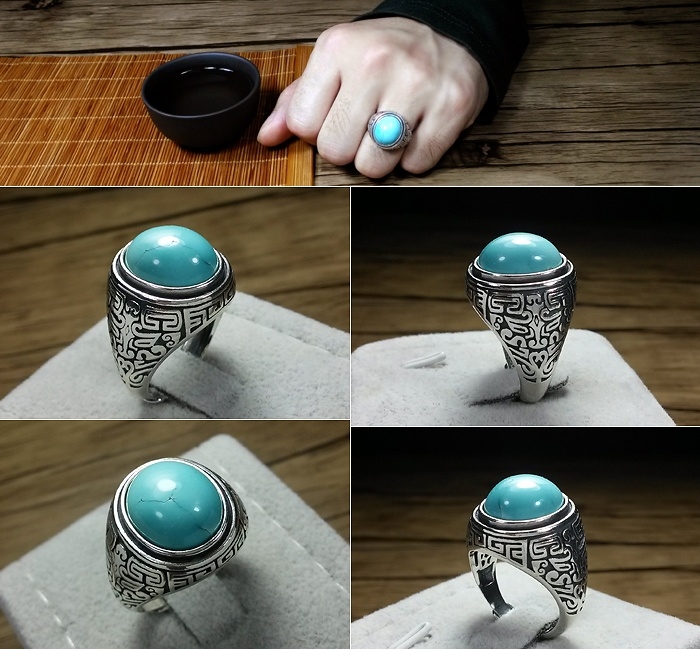 Turquoise ring undressed ore without optimization high porcelain Turquoise, men and women with 925 silver pendant earrings