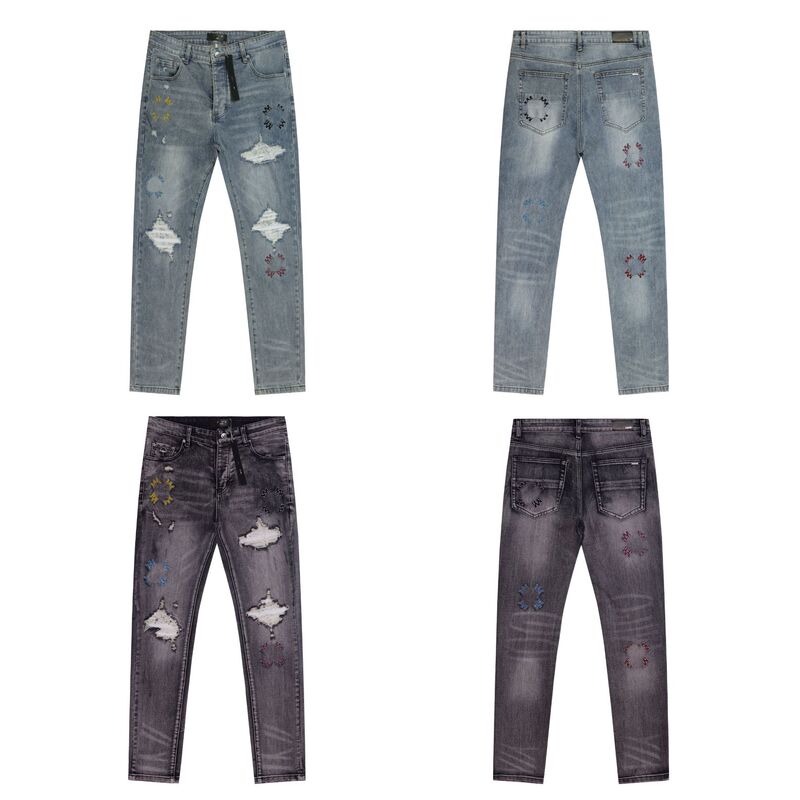 Ripped Jeans with Amiri Embroidery, Washed and Vintage-Style, Distressed American-Style Slim-Fit Men's Casual Pants Ripped Jeans with Amiri Embroidery, Washed and Vintage-Style, Distressed American-Style Slim-Fit Men's Casual Pants