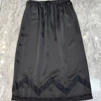 High-End Satin Elastic Waist Drawstring Splicing Wavy Lace Hem Glossy Skirt 2025 Summer