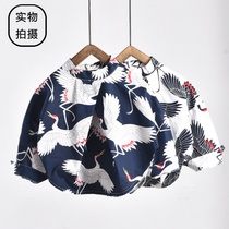 Crane full print boys shirt long-sleeved spring and autumn baby pure cotton thin section children 2021 new stand-up collar children shirt