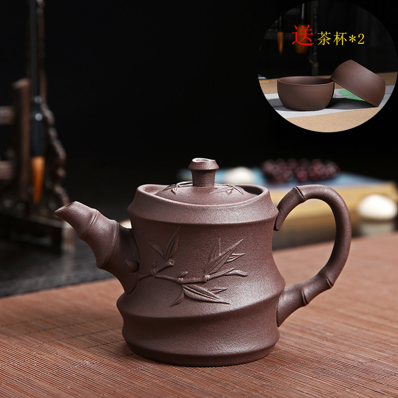 The original mine purple sand pot semi-hand-made teapot large household purple mud kungfu tea set office relief bamboo festival single pot cup