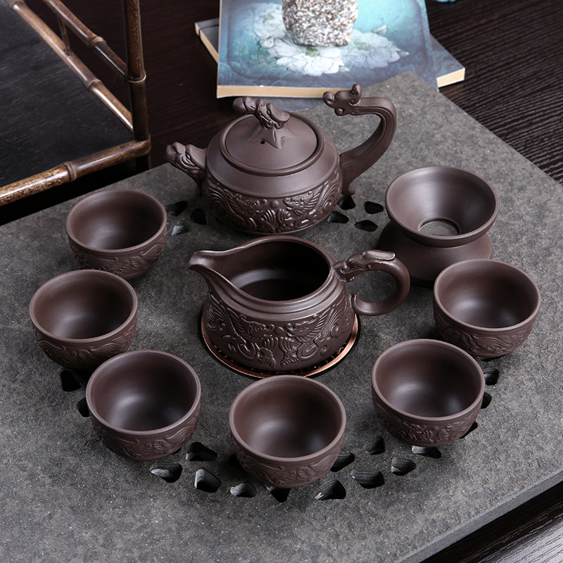 Yixing Zisha Gongfu tea set Teapot Dragon and Phoenix brilliant tea cup Tea sea tea leak filter set handle tea pot