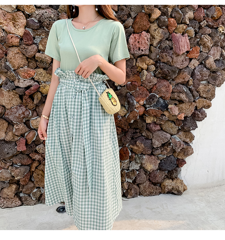 VK旗艦店 韓系休閒圓領T恤高腰格子半身裙套裝短袖裙裝