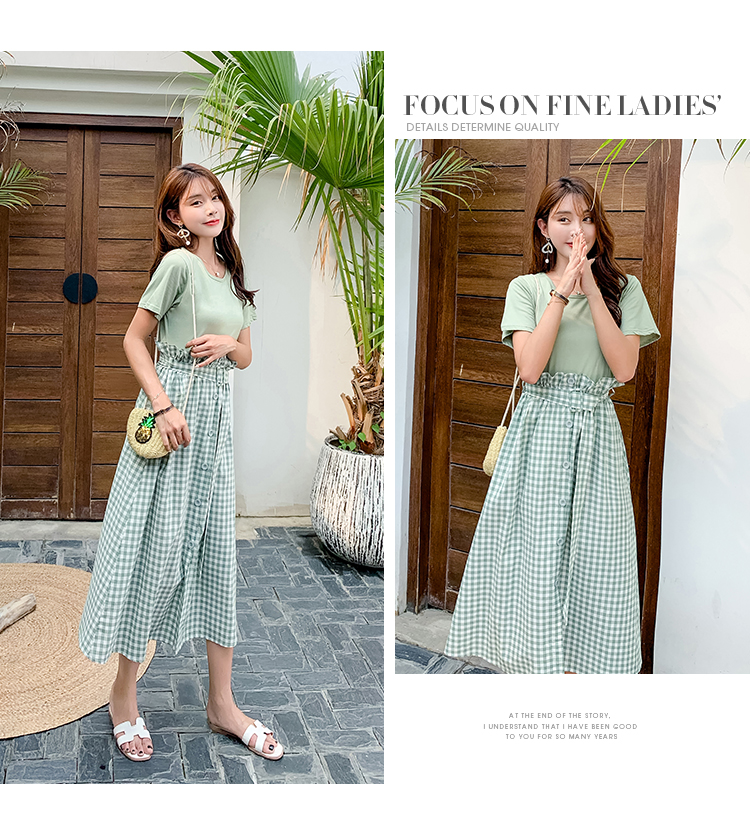VK旗艦店 韓系休閒圓領T恤高腰格子半身裙套裝短袖裙裝