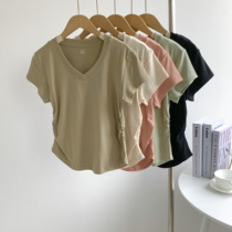 Designed smiley face embroidery V-neck wrinkled waist short-sleeved T-shirt for women American high-waisted short pure lust style top training clothes for women