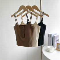 Threaded cotton high-waist stud buckle shoulder strap vest suspender top for women summer beautiful back slim stretch yoga suspender for women