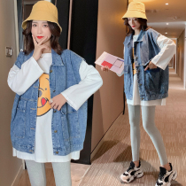 Pregnant women Spring suit fashion spring new loose coat denim vest coat tide mom out two-piece set