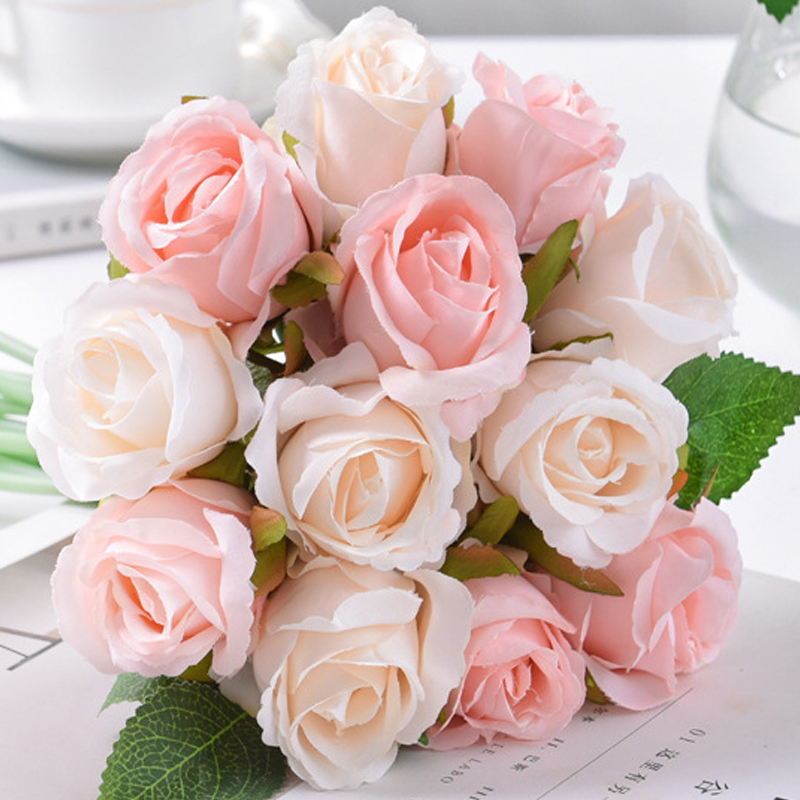 Small fresh 12 heads put bouquet of imitation roses fake flowers silk floral decoration table wedding bride bouquet