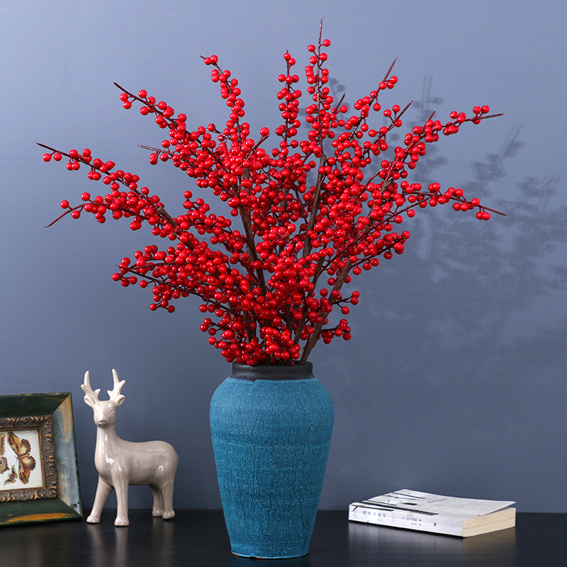 High simulation flower fruit holly fruit long pole single red fruit fortune fruit berry New Year home wedding decoration flower