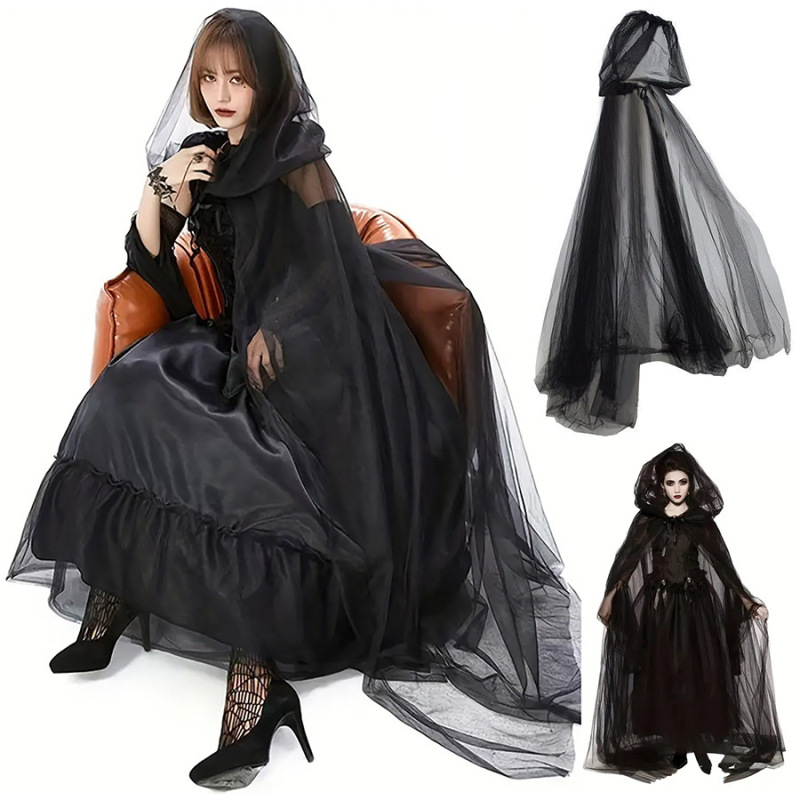 Double-Layer Mesh Cape Long Halloween Black Death Hooded Cloak Witch Liu Jia Yi Cosplay Costume