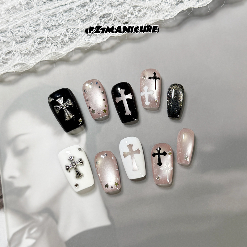 Fz Original Wearable Nails'Black and White Sweet Cool' Color-Block European and American Design Wearable Nails Brightening Niche Nail Stickers