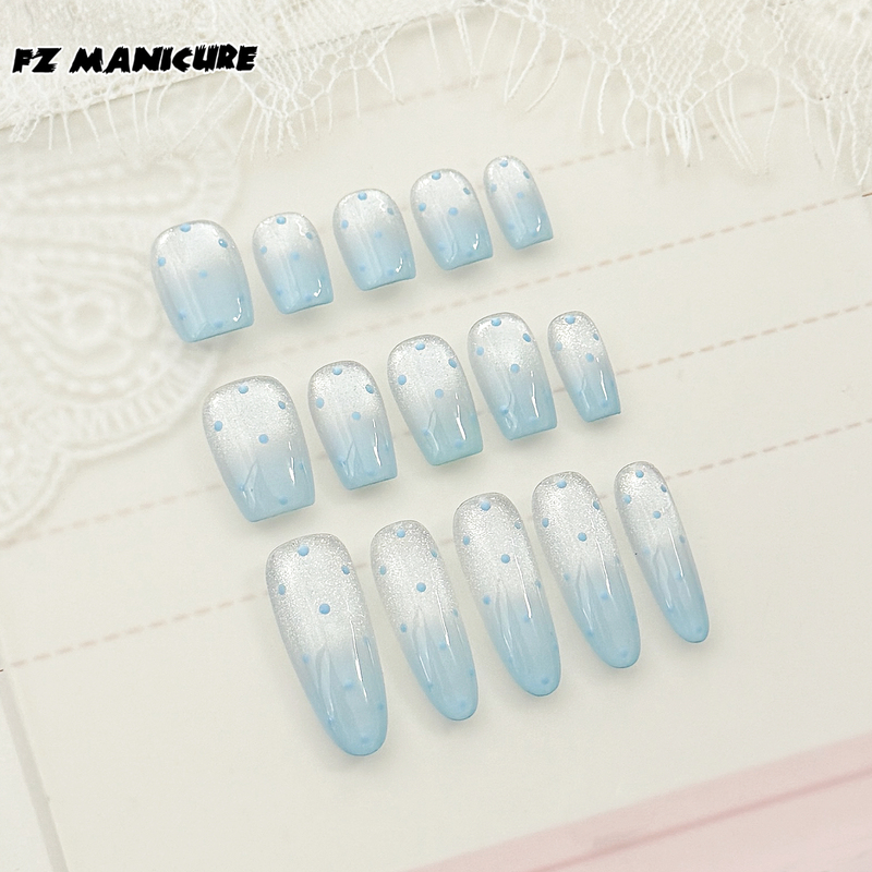 Fz Original Wearable Nails'Notes' Handmade Gradient Polka Dot Whitening Sweet Style Cat Eye Light Blue Short Wearable Nails