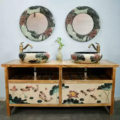 New Chinese fashion solid wood Bath Cabinet imitation classical pastoral stage double tank washbasin wash hand wash face basin floor bathroom cabinet