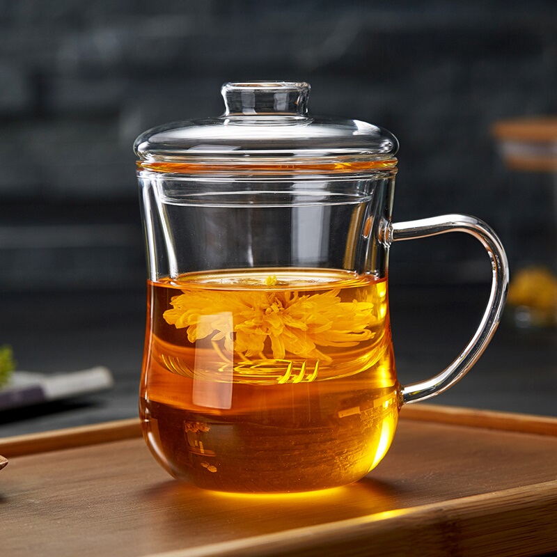 Green Changming Glass Tea Cup with Handle, Tea-Water Separation, Household Water Cup, Thickened Transparent Tea Brewing Cup with Lid, Office Cup