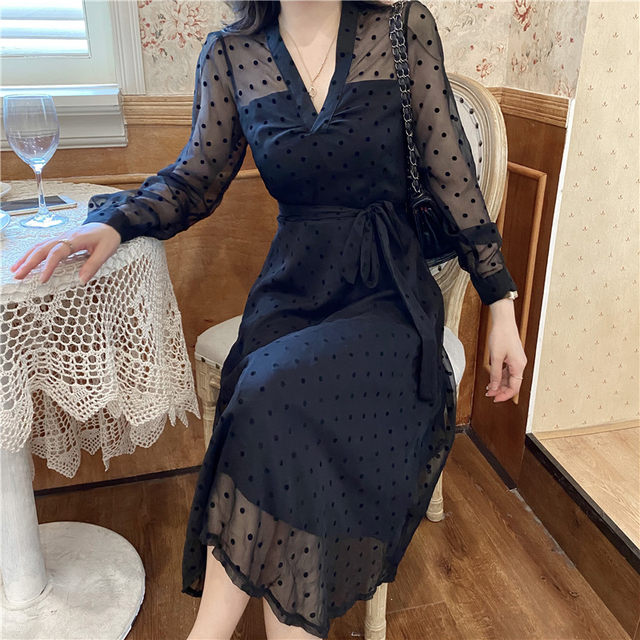 Spring and autumn plus-size women's mid-length v-neck dress female fat sister long-sleeved waist slimming over-the-knee long skirt 200 catties