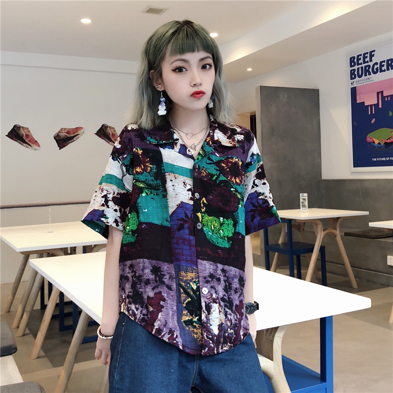 Retro Hồng Kông phong cách chic Hàn Quốc cá tính xu hướng màu áo sơ mi lỏng ngắn tay hoa áo sơ mi vuông cổ áo sơ mi nữ cổng những kiểu áo sơ mi đẹp dành cho người mập