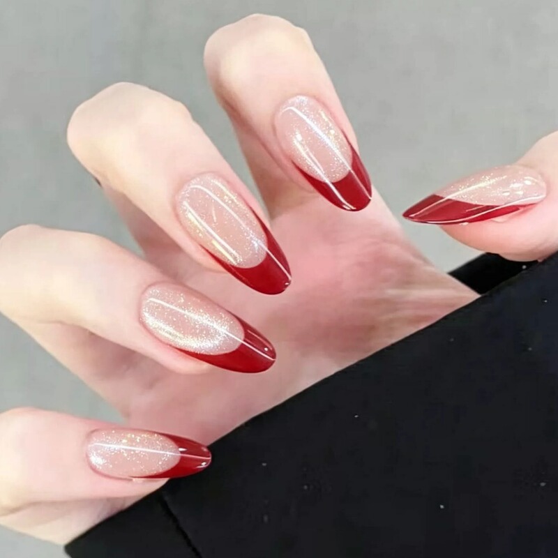 Purely Handmade Wearable Nails, High-End Whitening Effect, New Year's Atmosphere, French-Style Ice-Transparent Nude Gradient Red Removable Nail Pieces Purely Handmade Wearable Nails, High-End Whitening Effect, New Year's Atmosphere, French-Style Ice-Transparent Nude Gradient Red Removable Nail Pieces
