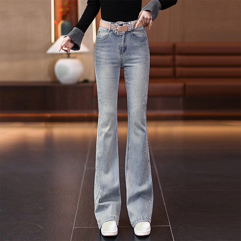 Side Rhinestone Flared Jeans for Women 2026 Spring and Autumn New High-Waisted Slimming Distressed Non-Tight Stretch Flared Pants