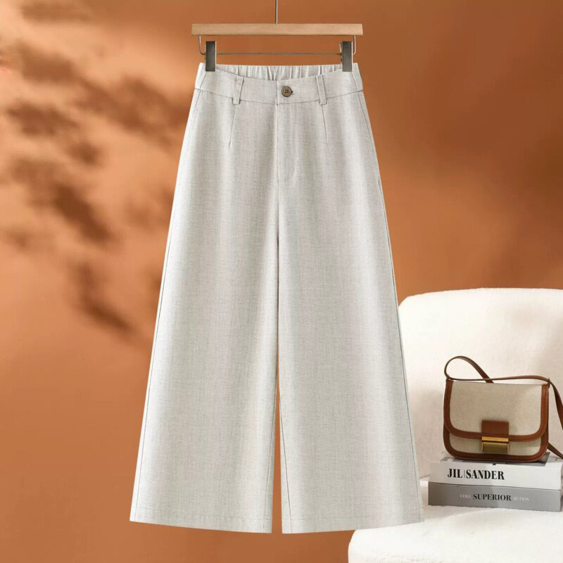 Tencel Nine-Point Wide-Leg Pants for Women, New Summer High-End Wrinkle-Resistant Petite Straight-Leg Pants, Linen Cotton Eight-Point Pants