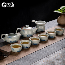Blue and white porcelain hand-painted Ru kiln tea set Rudo Ru porcelain open piece kung fu tea set high-end tea cup teapot gift box