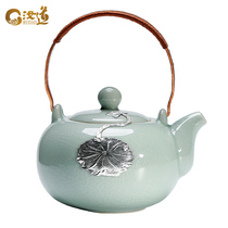 Silver-inlaid Kung Fu Tea Teapot ceramic curium Yinru kiln lifting beam pot high-grade single pot Ru porcelain tea set gift
