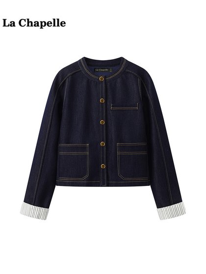拉夏贝尔/La Chapelle复古仿牛仔外套女春新款圆领宽松夹克上衣