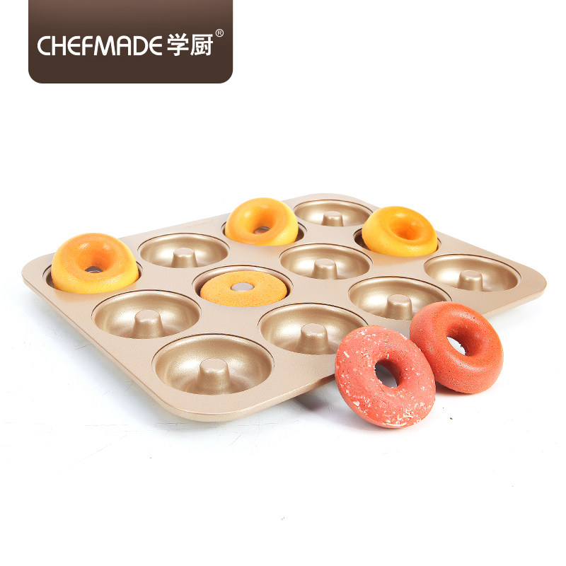 School Cook 12 Tandem Donuts Mold Baking Cake Round Hollow Bread Cookies Home Nonstick Baking Pan Oven